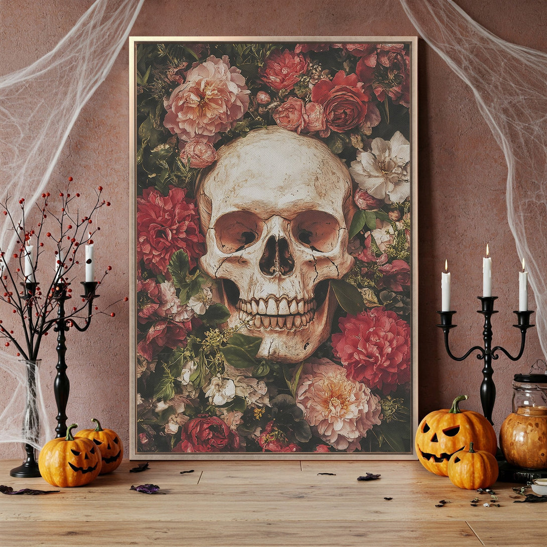 Framed Wall Art: Floral skull Canvas Print in a vintage style. Features a red and cream color palette, perfect for Halloween decor.