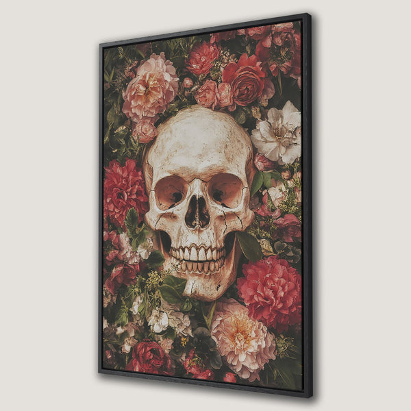 Framed Wall Art featuring a skull surrounded by vibrant flowers. Gothic style with a rich red and cream color palette. Perfect for adding a unique touch!
