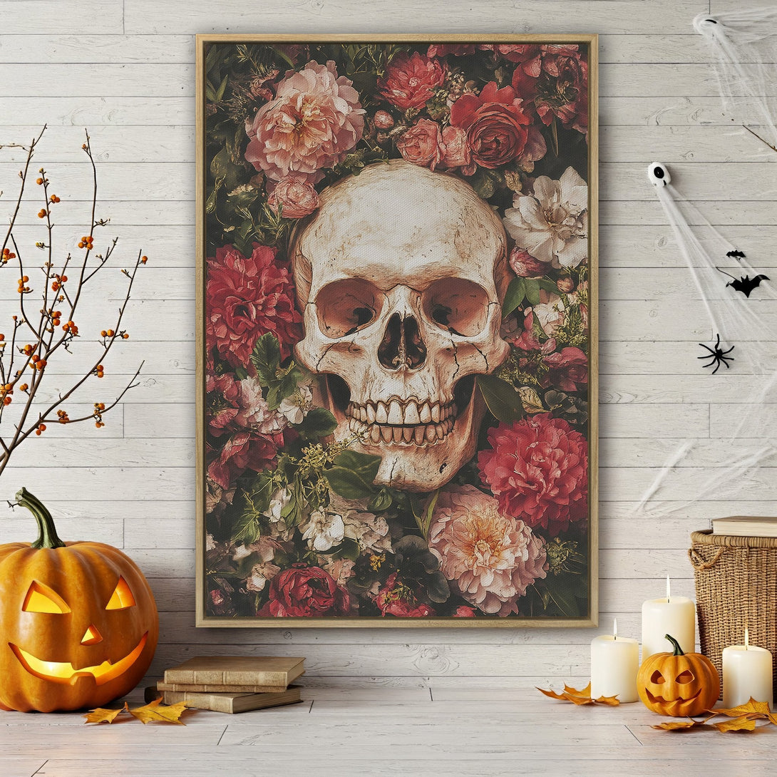 Framed Wall Art: Skull and floral Canvas Print in dark red, pink, and green tones. Gothic style decor for Halloween or year-round statement art.