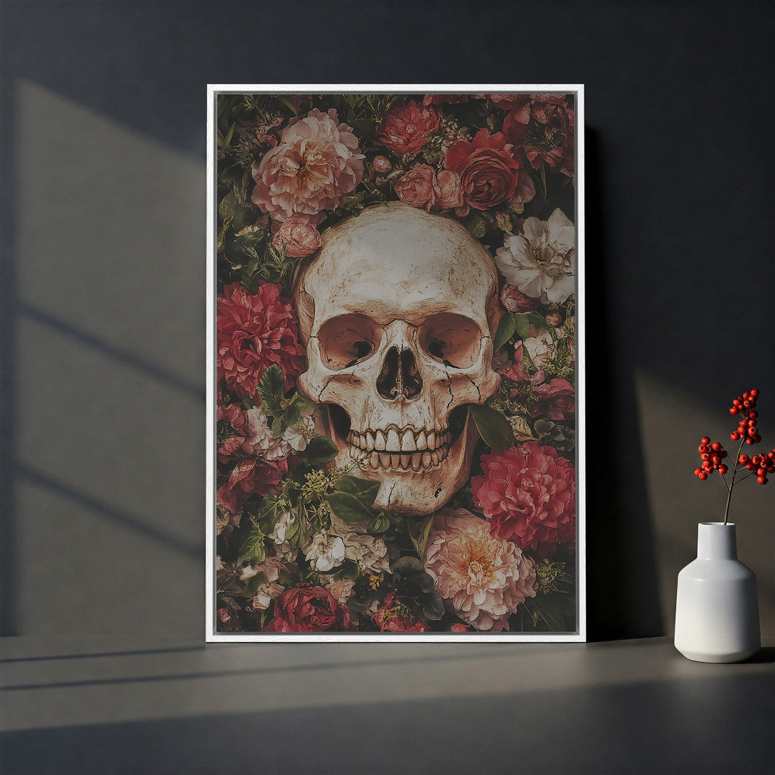 Framed Wall Art: Gothic skull art print with floral accents in a dark, moody palette. Elevate your space with this unique canvas print!