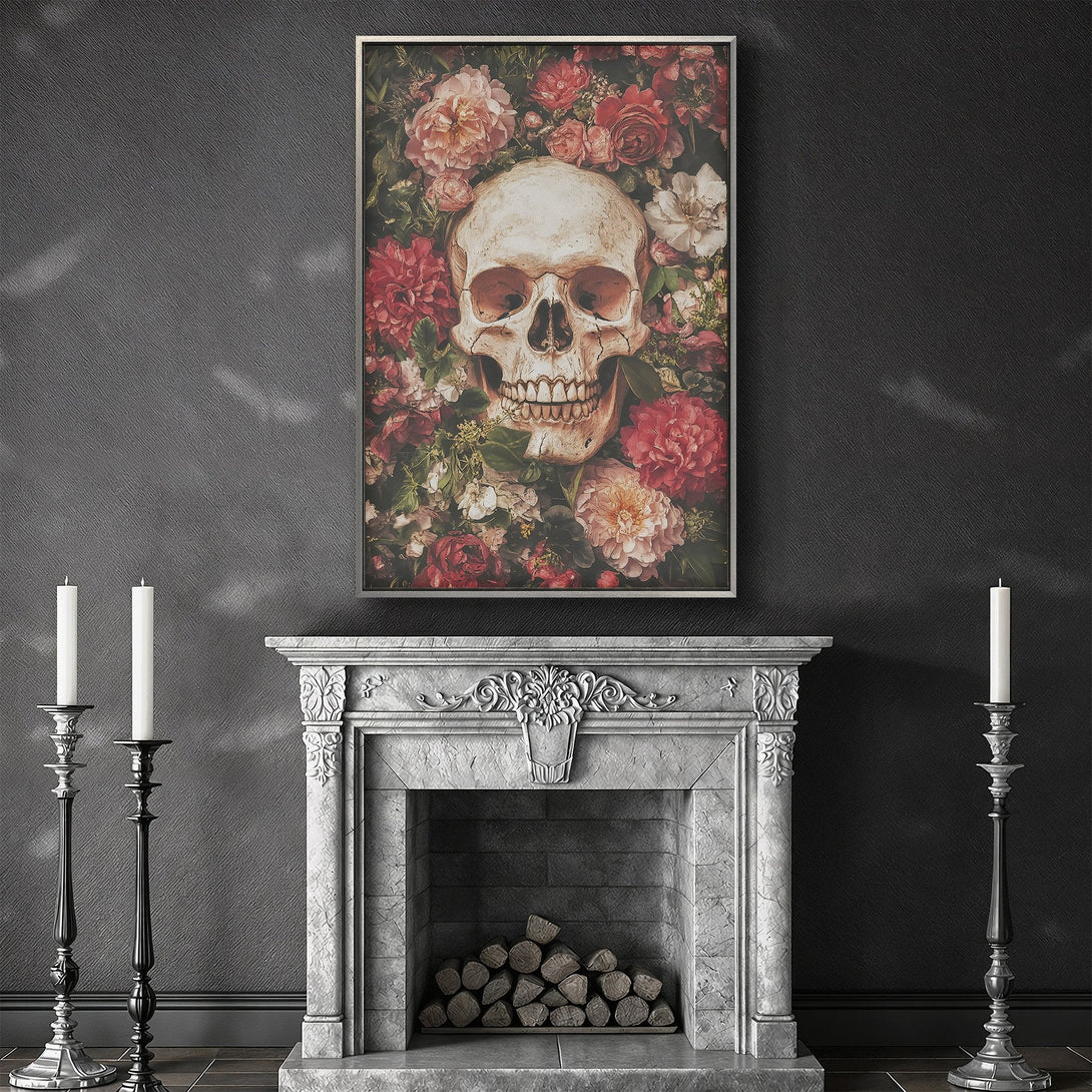 Framed Wall Art featuring a skull surrounded by flowers, gothic style, with a dark, moody red and cream color palette. Perfect for unique home decor.