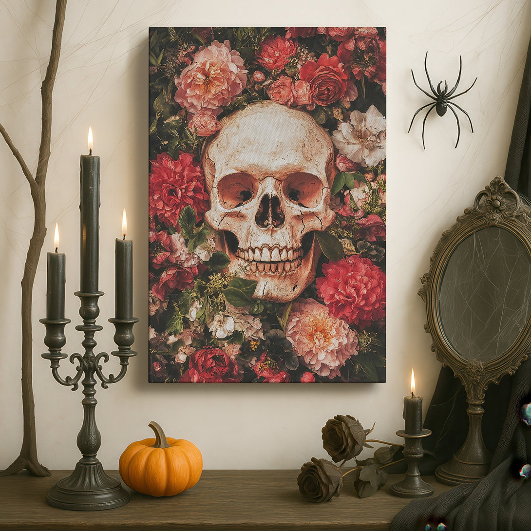 Framed Wall Art featuring a skull and floral design in a dark, gothic interior. Rich red, pink, and black color palette. Perfect for statement decor.