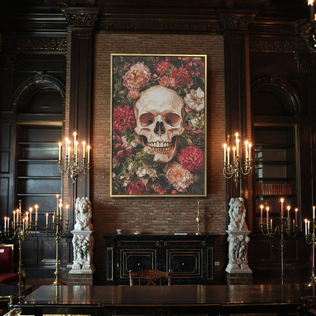 Canvas Print featuring a skull surrounded by flowers, dark and moody color palette, perfect for Halloween decor.