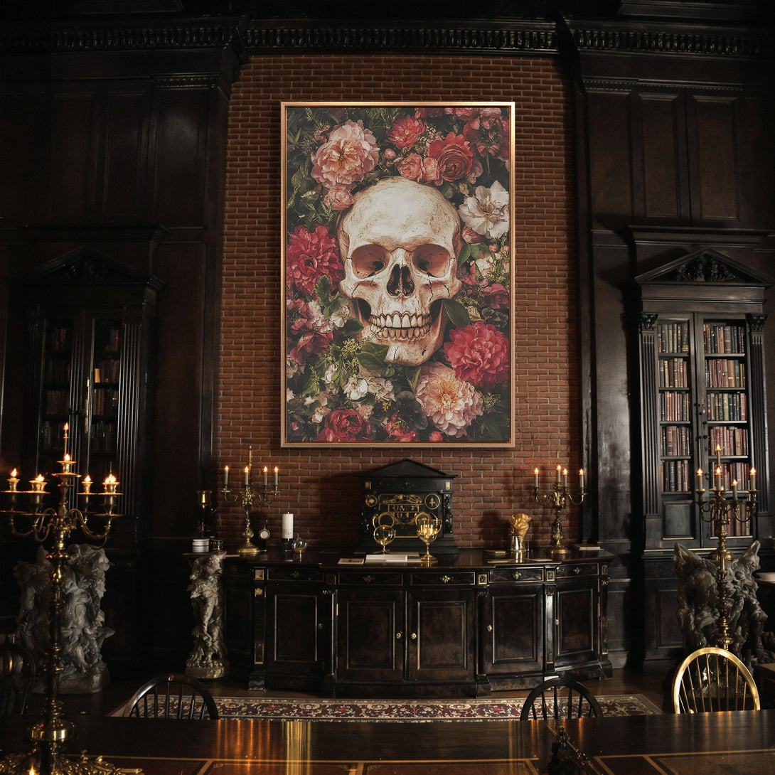 Framed Wall Art: Skull and floral Canvas Print in moody interior. Dark, gothic aesthetic with red, cream, and green color palette. Perfect for statement decor.
