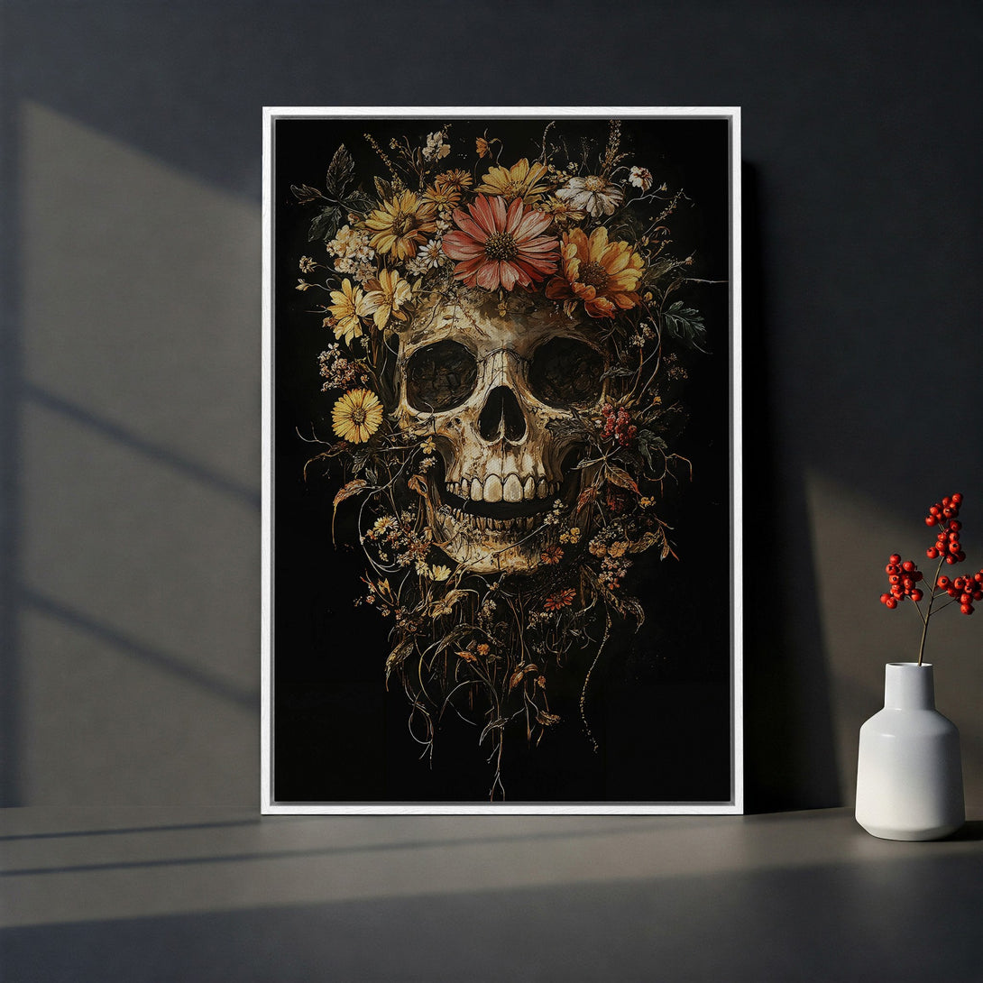 Framed Wall Art: Skull with floral crown, dark and moody aesthetic. Earthy tones of yellow, orange, and brown against a black background. Unique home decor.