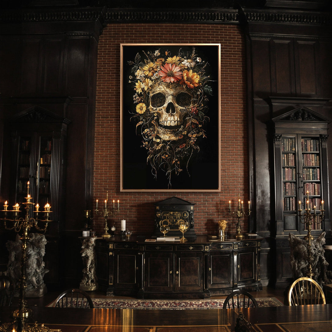 Framed Wall Art featuring a floral skull in a gothic interior. Dark, moody color palette with brick and wood tones. Perfect for adding a unique touch.
