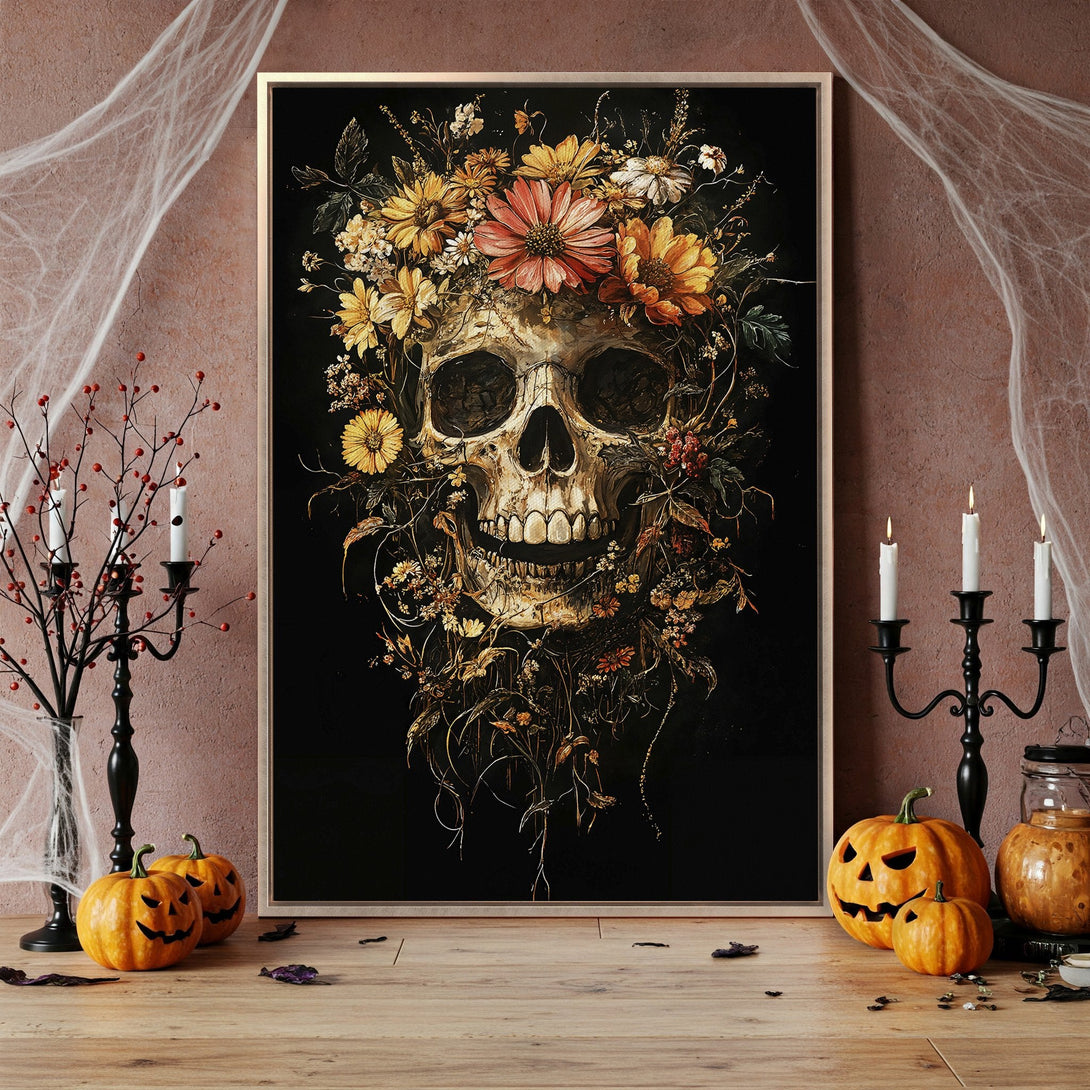 Framed Wall Art: Floral skull art in warm tones. Gothic-inspired canvas print with a black background, perfect for Halloween decor.