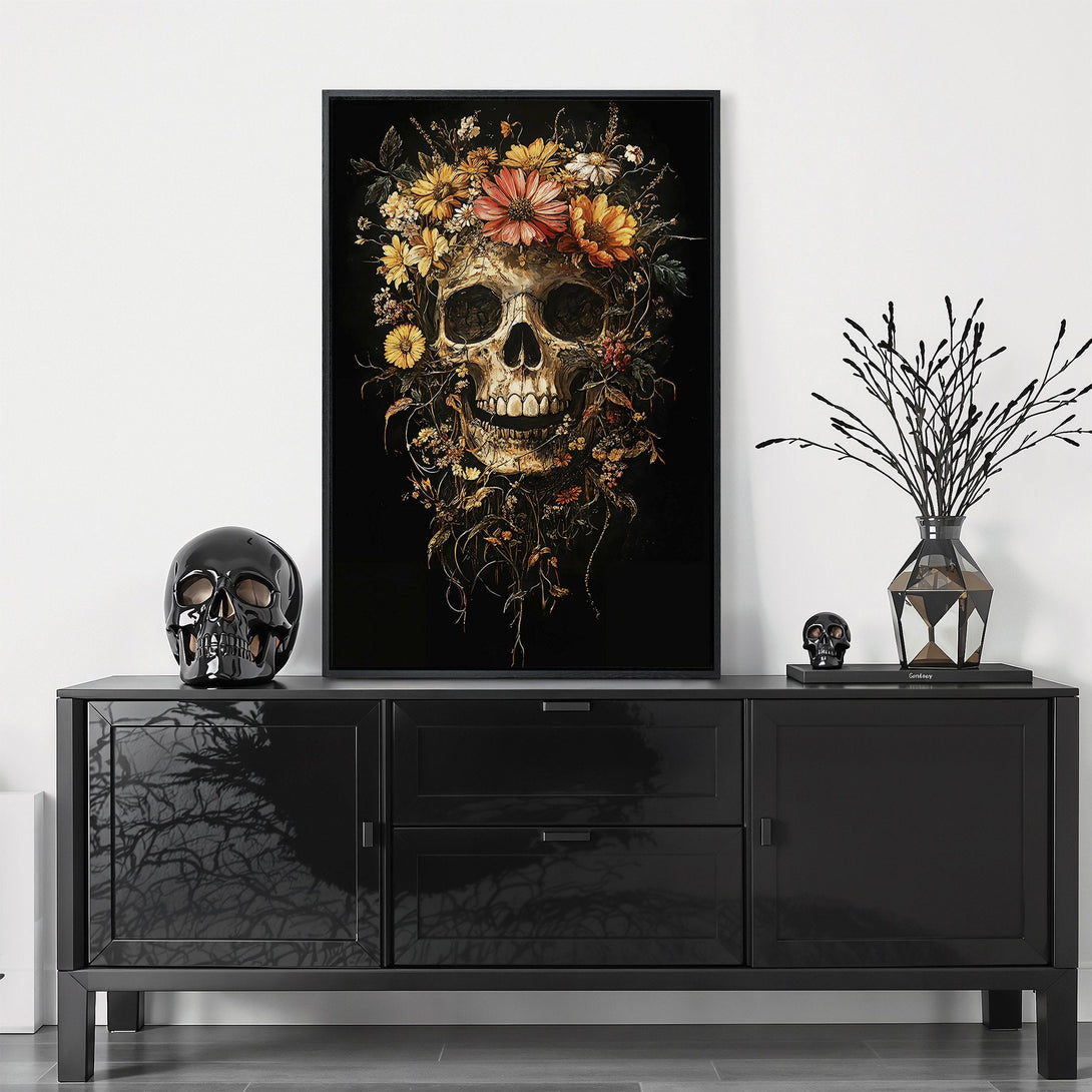Framed Wall Art: Skull with floral crown, dark and moody aesthetic. Black, gold, and warm color palette. Perfect for adding a unique touch to your home decor.