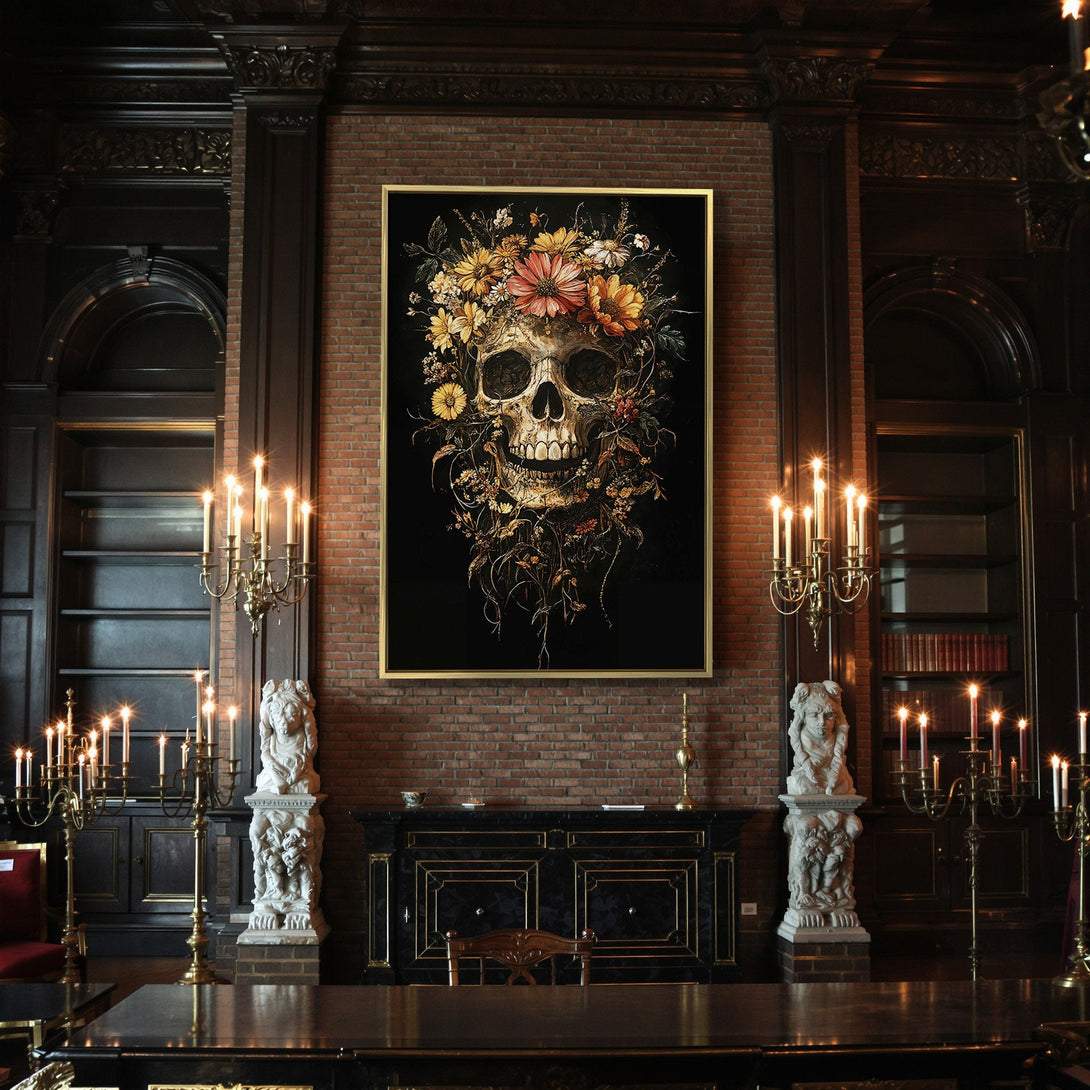 Canvas Print: Floral skull art in a gothic style. Features a dark, moody palette with orange, yellow, and black. Perfect Halloween decor.