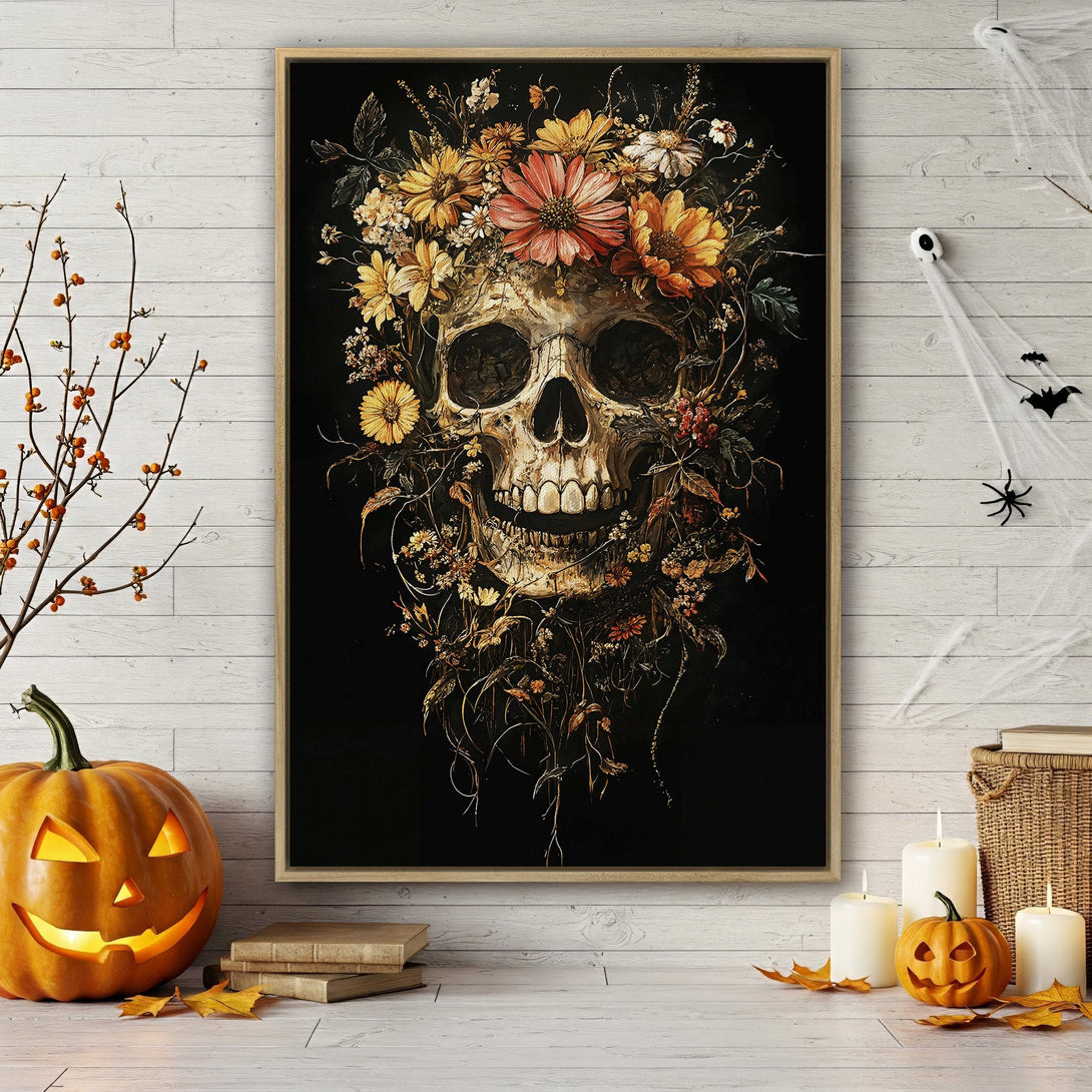 Framed Wall Art: Spooky skull with floral crown, dark & moody aesthetic. Perfect Halloween decor. Featuring gold, orange, and black color palette.