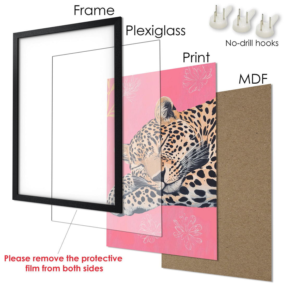 Framed Poster featuring a leopard print art piece in pink and neutral tones. Modern wall decor.