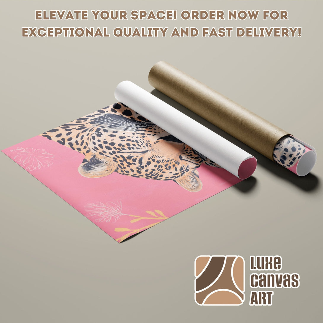 Poster Roll featuring a leopard print design in a pink and neutral color palette. Elevate your space with Luxe Canvas Art!