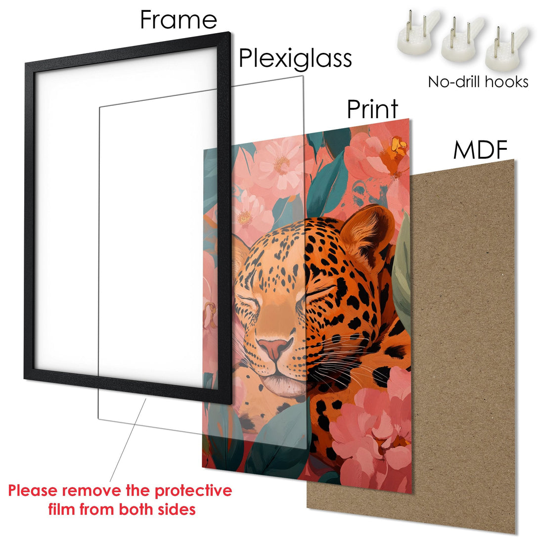 Framed Poster featuring a leopard with floral elements. Artistic style, warm orange & pink color palette. Perfect wall art for your space!