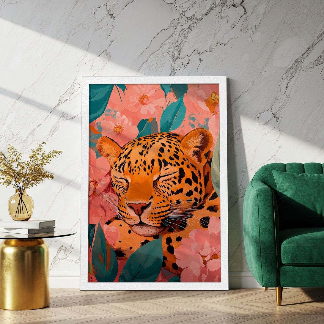 Framed Poster featuring a sleeping leopard in floral art. Warm orange, pink, and teal color palette. Enhance your home decor with this beautiful print!