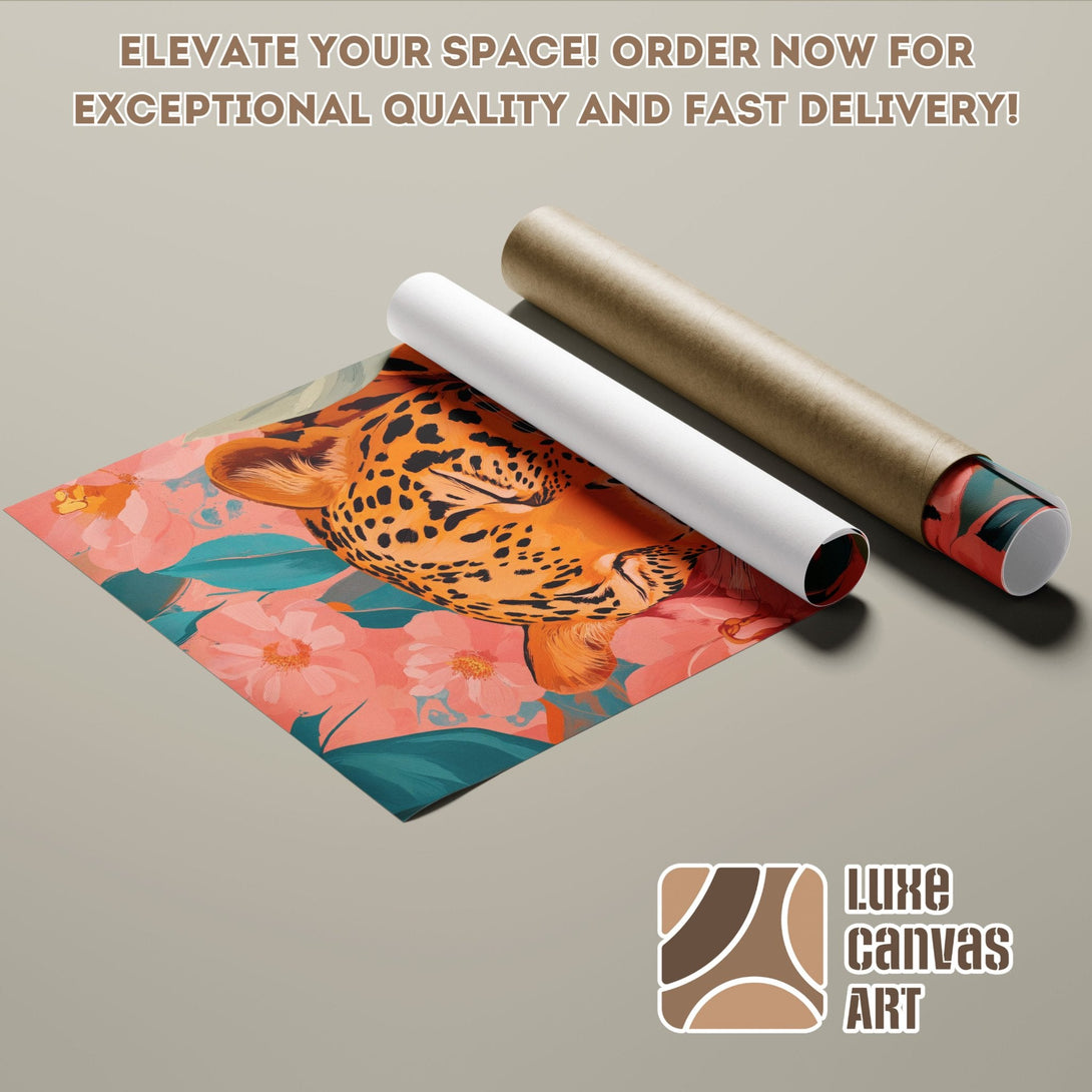 Poster Roll featuring a leopard design with floral elements, vibrant orange, pink, and teal color palette. Elevate your space!