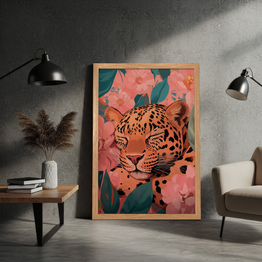 Framed Poster featuring a leopard in a floral design. Modern art style with a warm pink and teal color palette. Perfect wall decor!