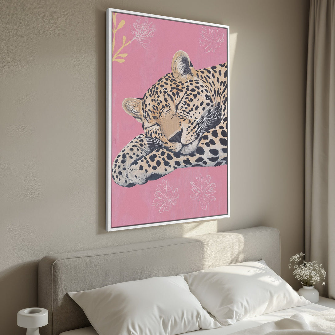 Framed Wall Art: Sleeping leopard on pink background. Modern animal print with neutral, pink, and gold color palette. Perfect for bedroom decor.