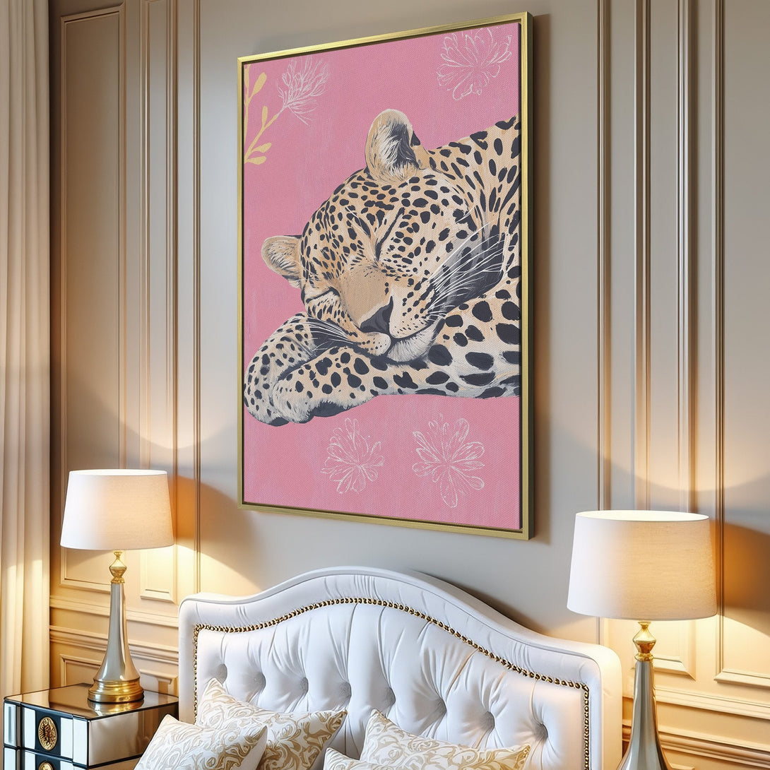Canvas Print of a sleeping leopard on a pink background. Modern style with neutral and pink color palette, perfect for adding a touch of elegance.