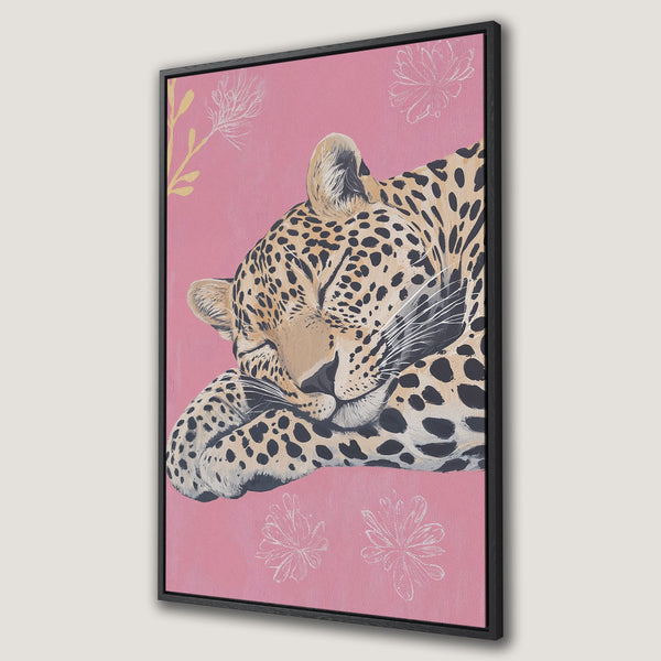 Framed Wall Art featuring a sleeping leopard on a pink background. Modern, artistic style with a neutral and pink color palette. Perfect for adding a touch of elegance.