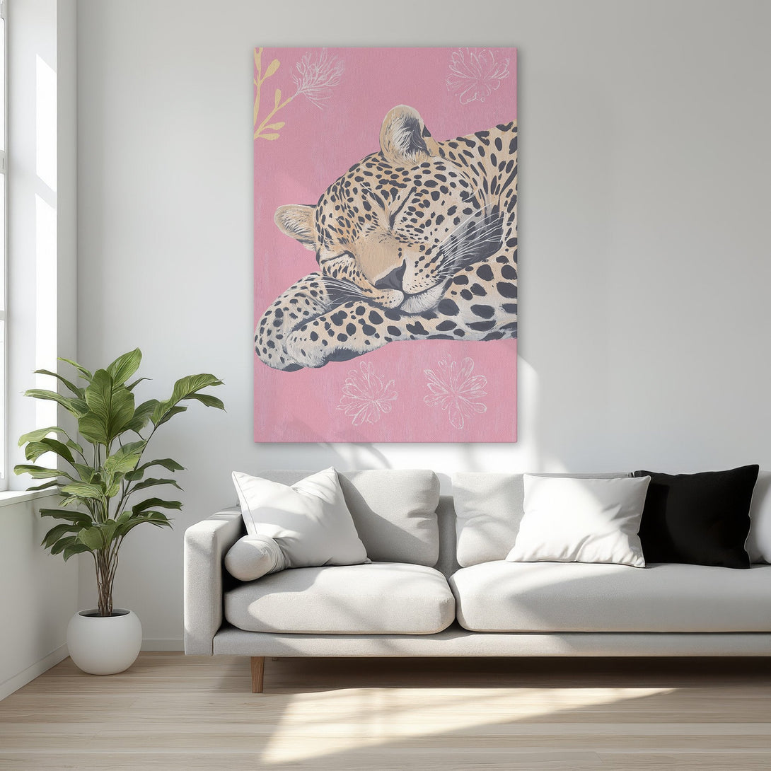 Framed Wall Art: Sleeping leopard canvas print in pink & gold, perfect for adding a touch of luxury and style to your bedroom decor.