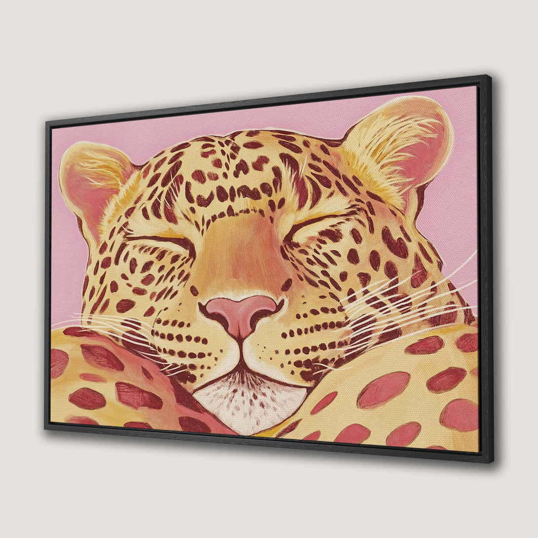 Framed Wall Art: Relaxed leopard portrait in warm yellow, pink, and brown tones. Stylish canvas print for a modern home.