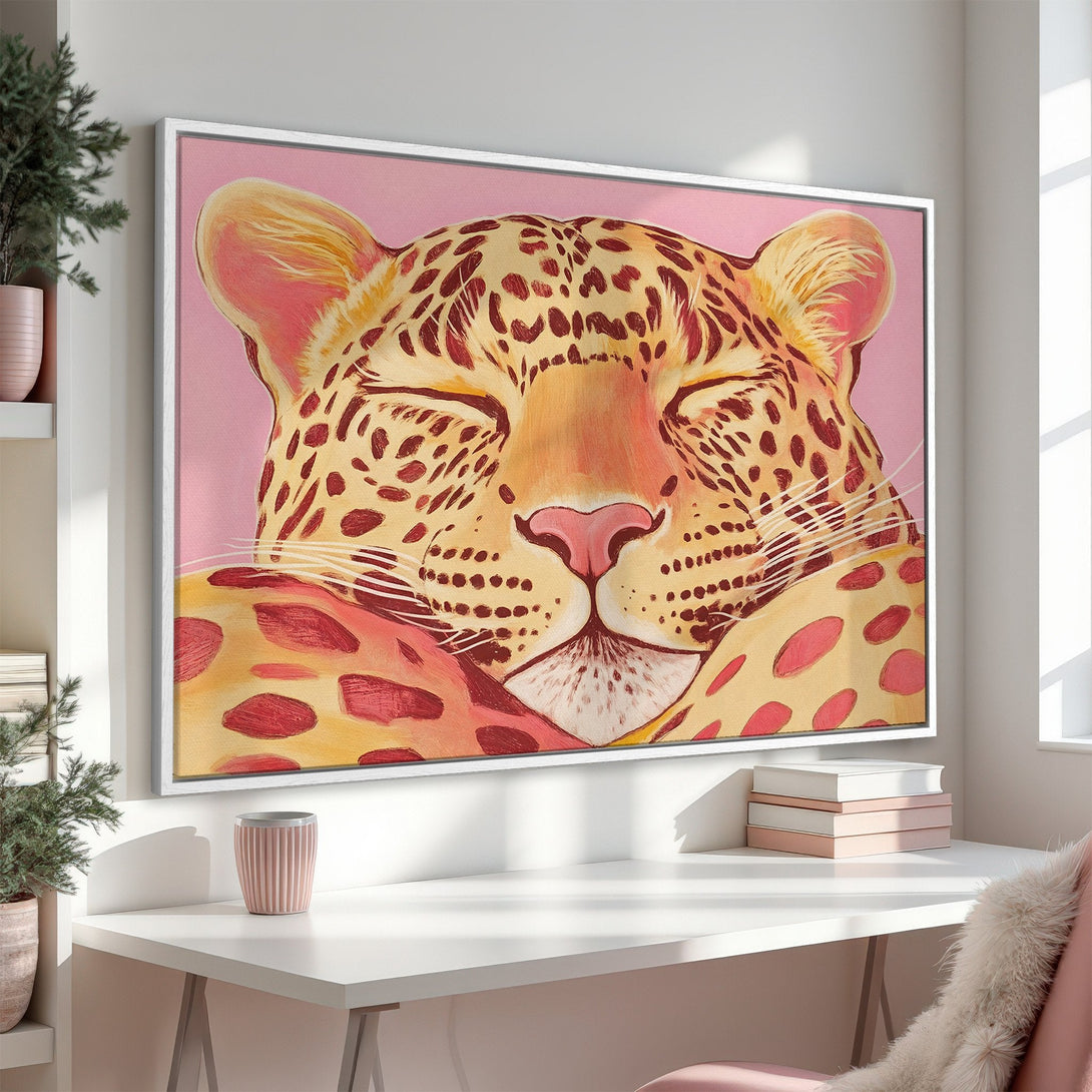 Framed Wall Art: Playful leopard portrait in warm tones. Pink, orange, and brown color palette. Perfect for adding a touch of whimsy to your space.
