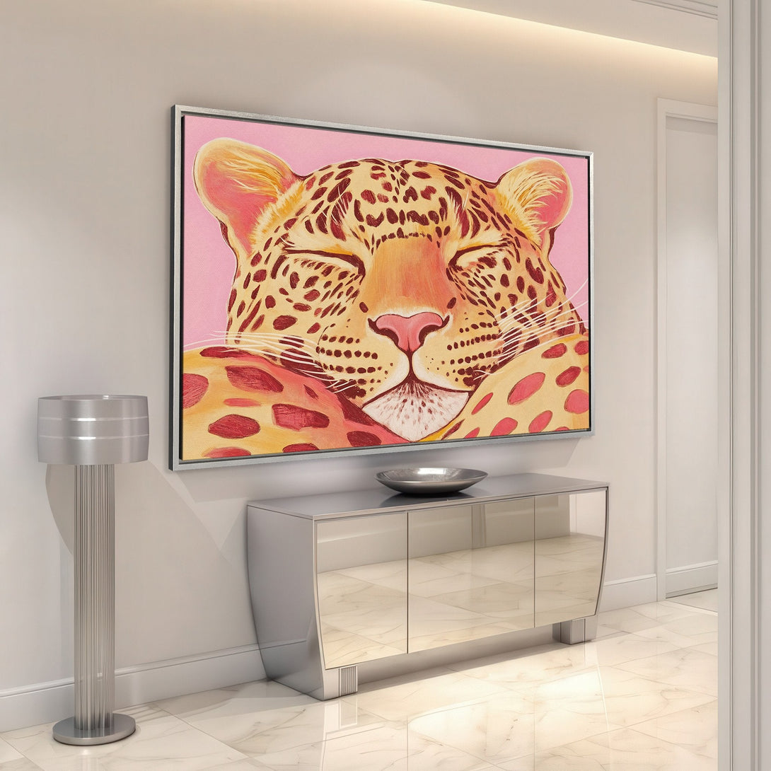 Framed Wall Art: Leopard portrait in pink and orange, modern style, adds a pop of color to any space. Shop our Canvas Print collection!