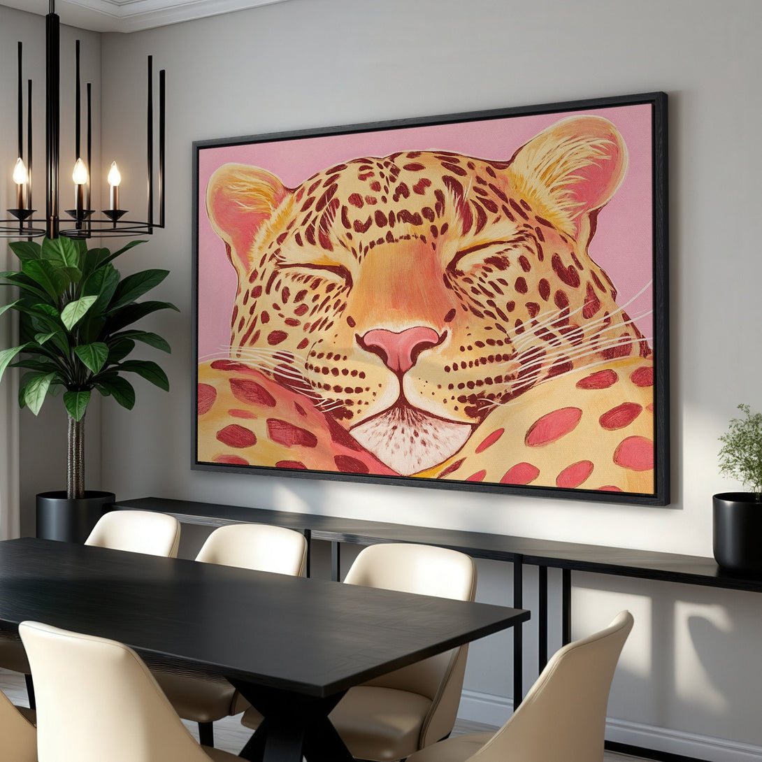 Framed Wall Art: Relaxed leopard portrait in warm pink and yellow tones. Modern canvas print adds a touch of wild elegance to any room. Shop now!