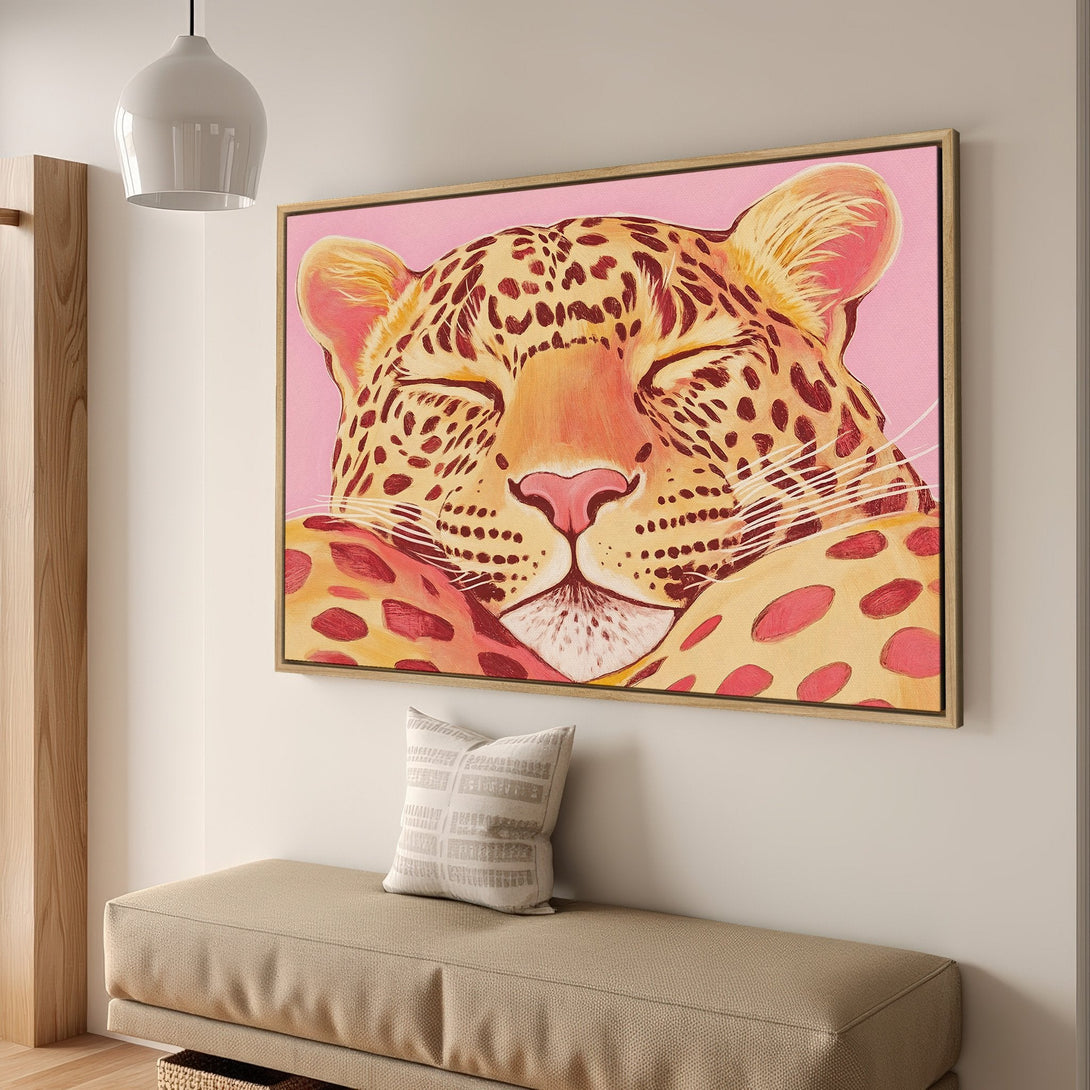 Framed Wall Art: Pop art leopard print in pink and yellow, adding a stylish touch to any interior. Perfect for living rooms or bedrooms.