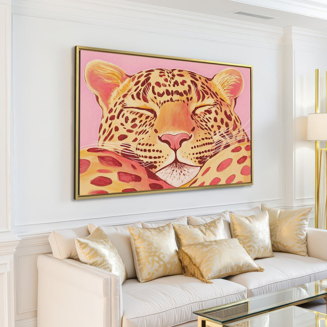 Canvas Print of a sleeping leopard in a modern interior. Warm, neutral color palette with pink and brown tones. Perfect wall art for your home.