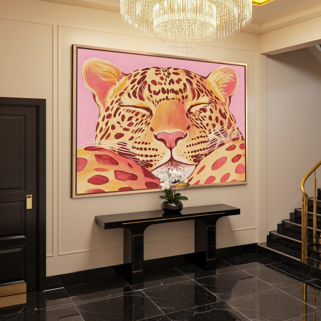 Framed Wall Art: Leopard portrait in pink and gold. Modern animal art canvas print adds a touch of luxury to any interior.