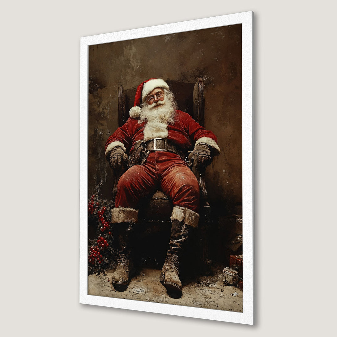 Framed Poster of Santa Claus in a vintage style, warm red and brown color palette, perfect for Christmas decor.