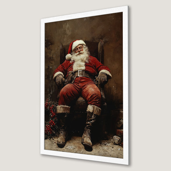 Framed Poster of Santa Claus in a vintage style, warm red and brown color palette, perfect for Christmas decor.