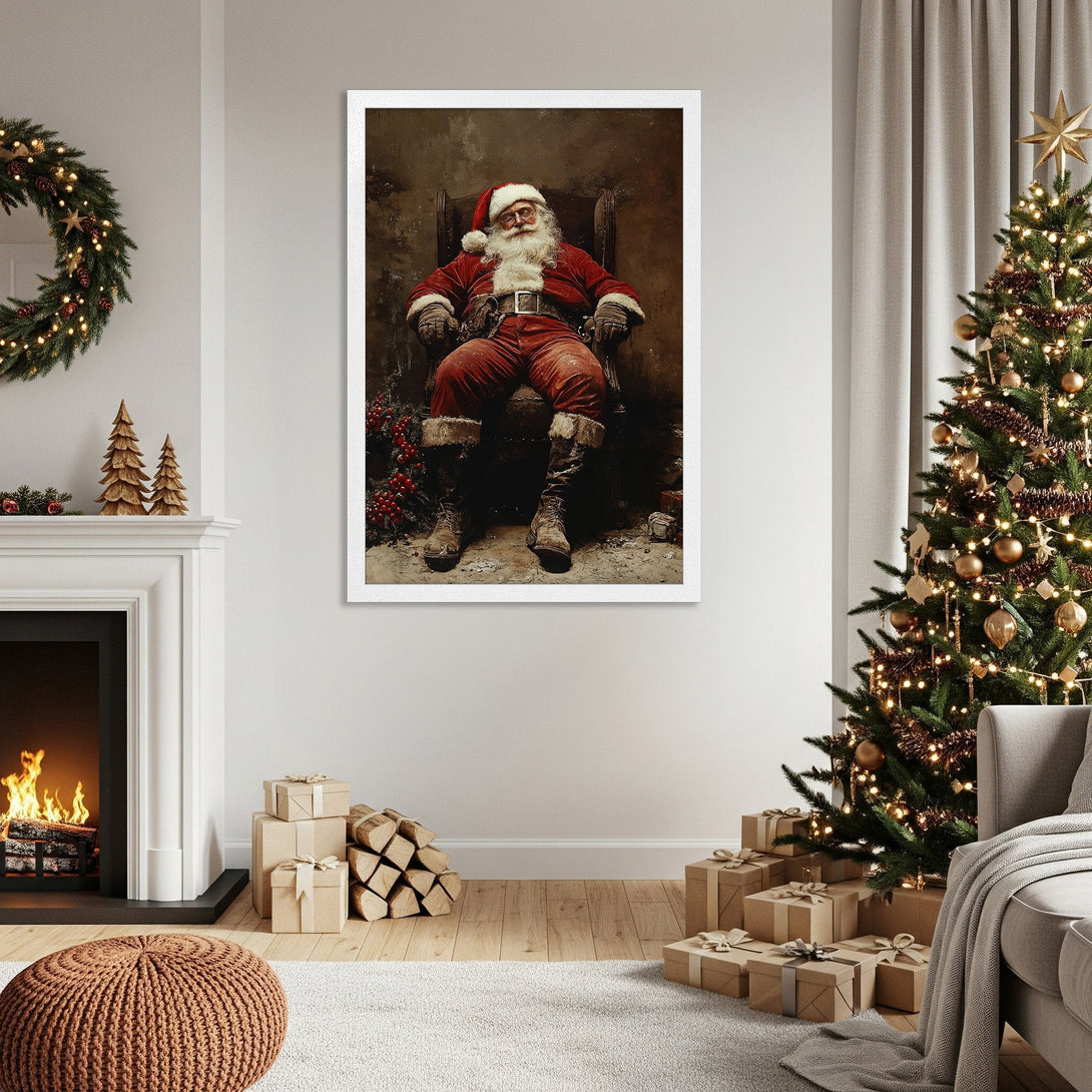 Framed Poster featuring Santa Claus in a vintage style, warm red and brown color palette, perfect for Christmas decor.