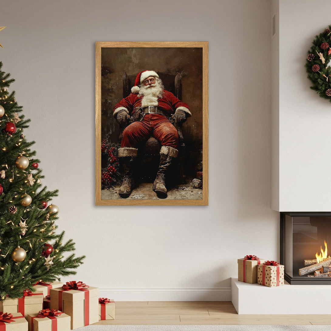 Framed Poster featuring Santa Claus in a vintage style, with a warm red and brown color palette, perfect for Christmas decor.