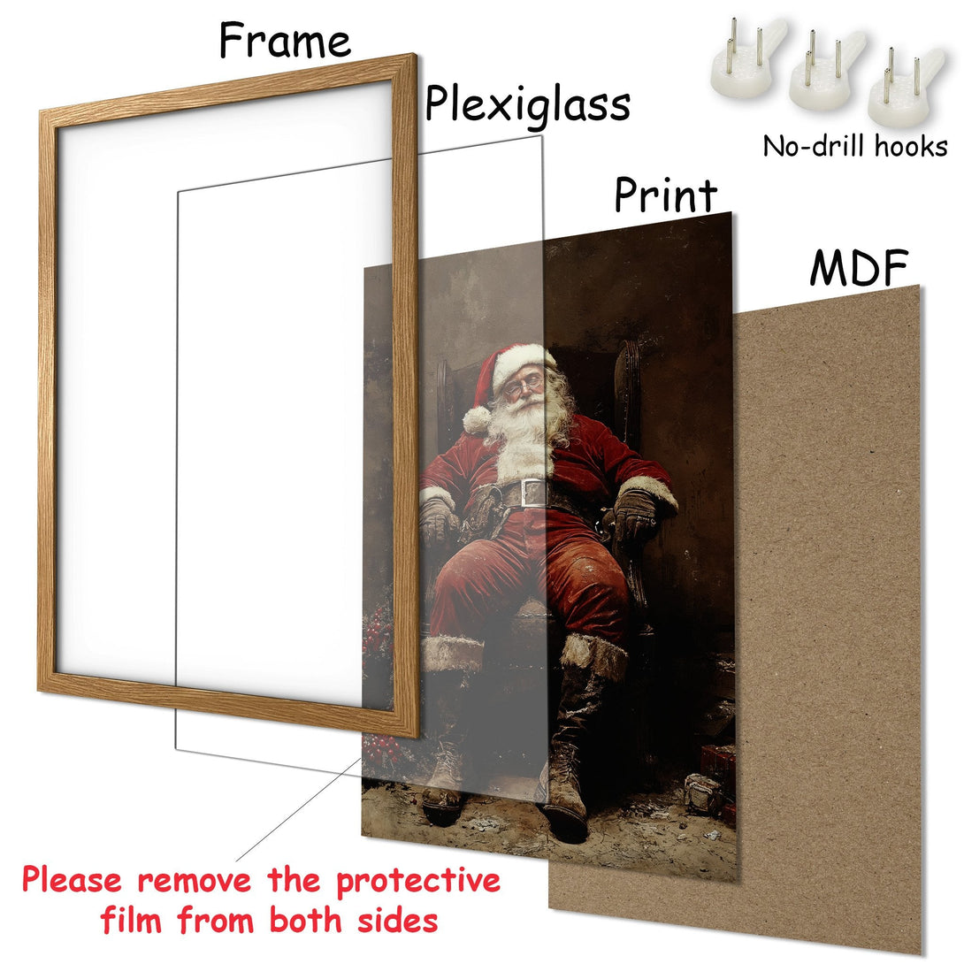 Framed Poster featuring Santa Claus in a vintage style, with a warm, red and brown color palette. Perfect Christmas decor!