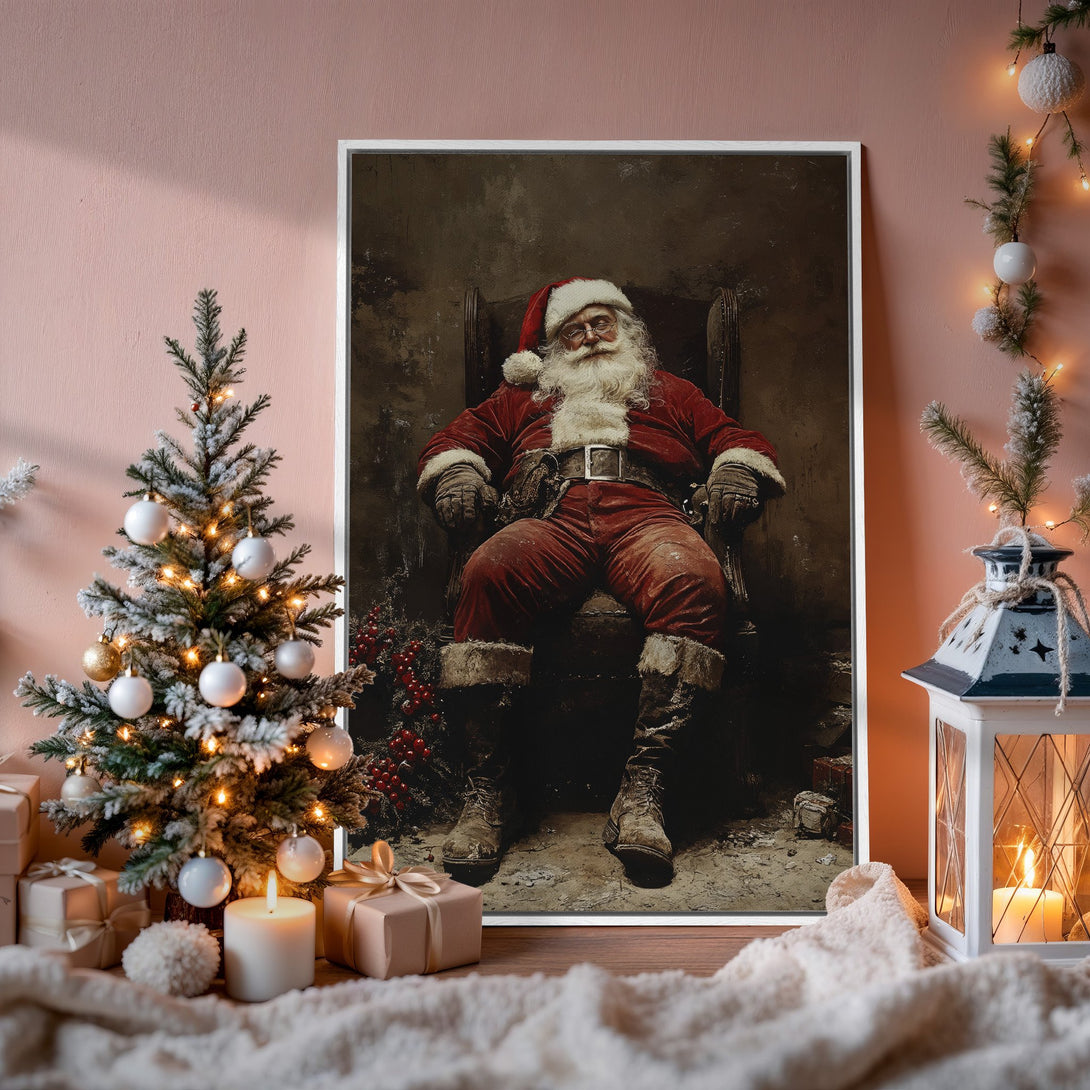 Framed Wall Art: Vintage Santa Claus portrait in warm red and brown tones. Cozy Christmas decor with a classic style. Perfect holiday gift!