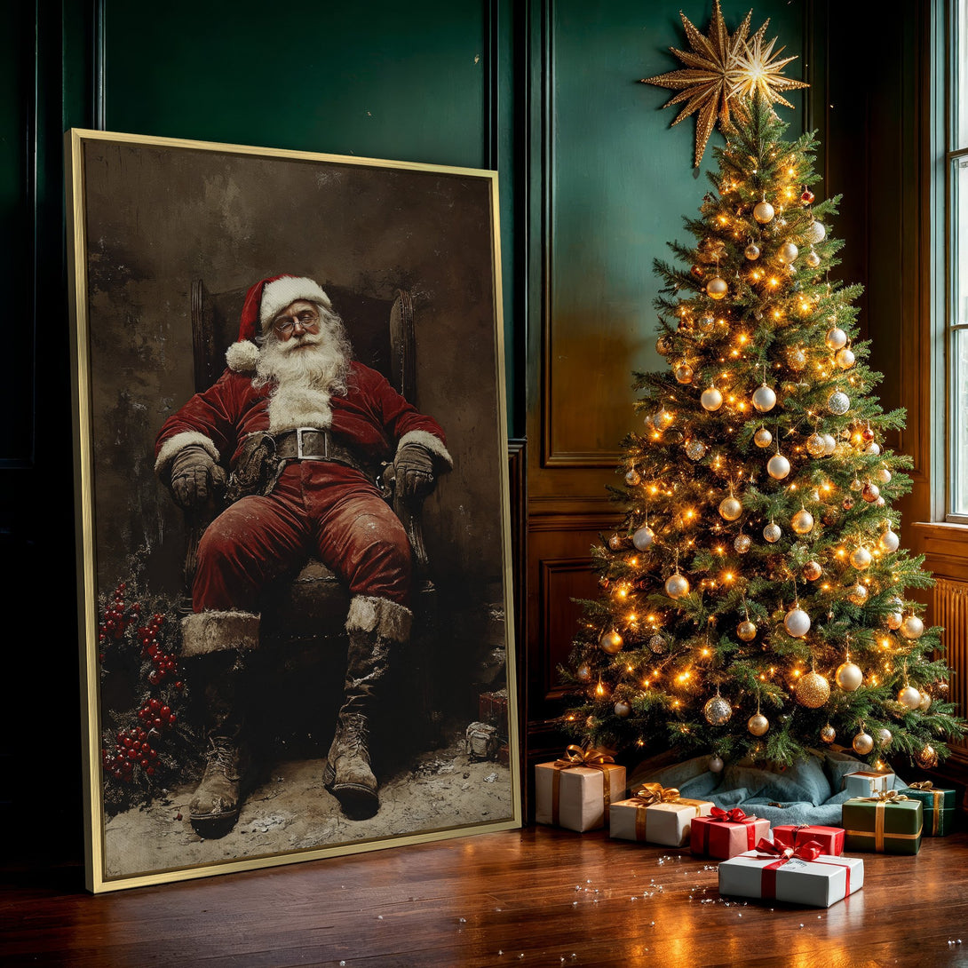 Canvas Print of Santa Claus in a vintage style, featuring a red and brown color palette, perfect for Christmas decor.