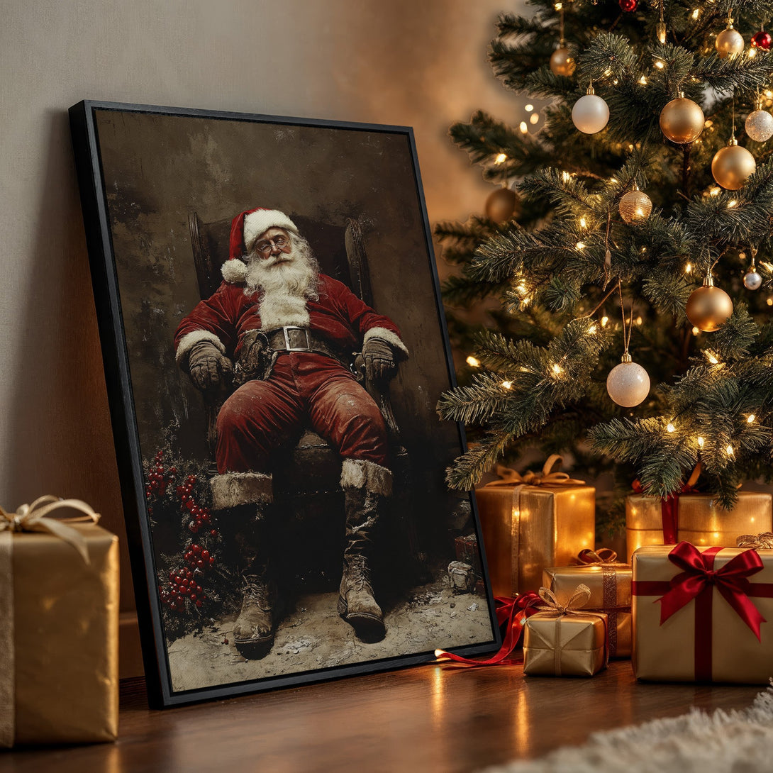 Framed Wall Art featuring Santa Claus in a vintage style, with a warm, festive color palette of reds, golds, and browns. Perfect Christmas decor!