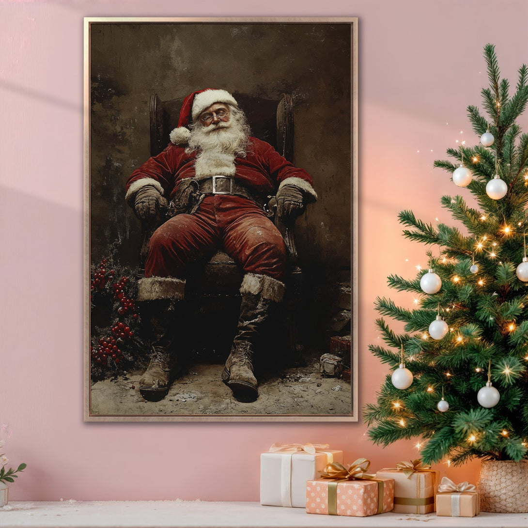 Framed Wall Art featuring Santa Claus in a vintage style, rich red and brown color palette. Perfect Christmas decor for your home!