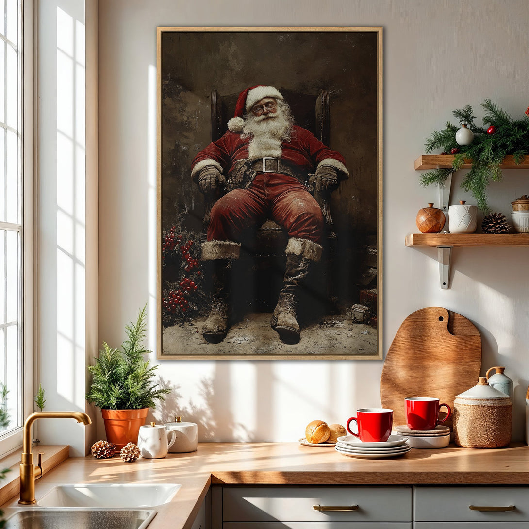Framed Wall Art featuring Santa Claus in a vintage style. Rich red and brown color palette. Perfect holiday decor for your home.