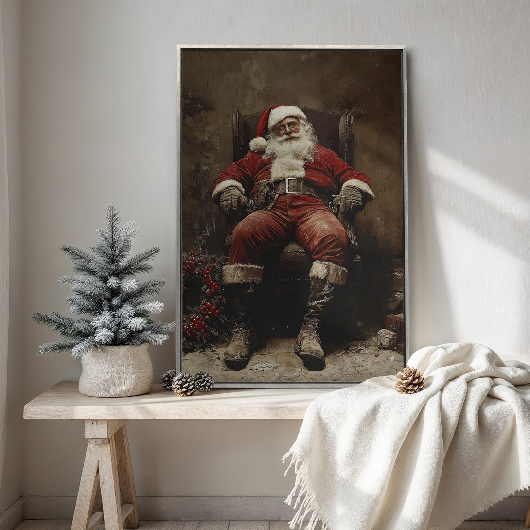 Framed Wall Art featuring Santa Claus in a vintage style. Warm red and brown color palette creates a cozy, festive holiday vibe. Perfect Christmas decor!