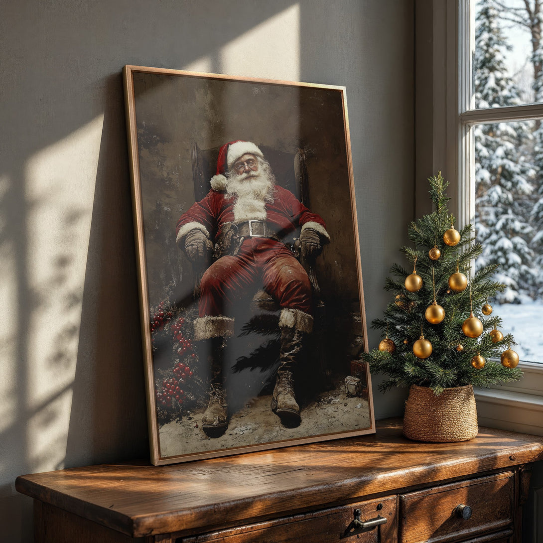 Framed Wall Art of Santa Claus in vintage style, rich red and brown color palette, perfect for holiday decor.