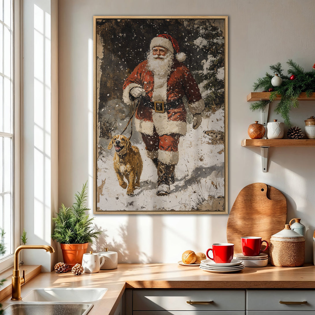 Framed Wall Art: Santa Claus walking dog in winter scene. Vintage style with red, white, and brown color palette. Perfect Christmas decor for your home.