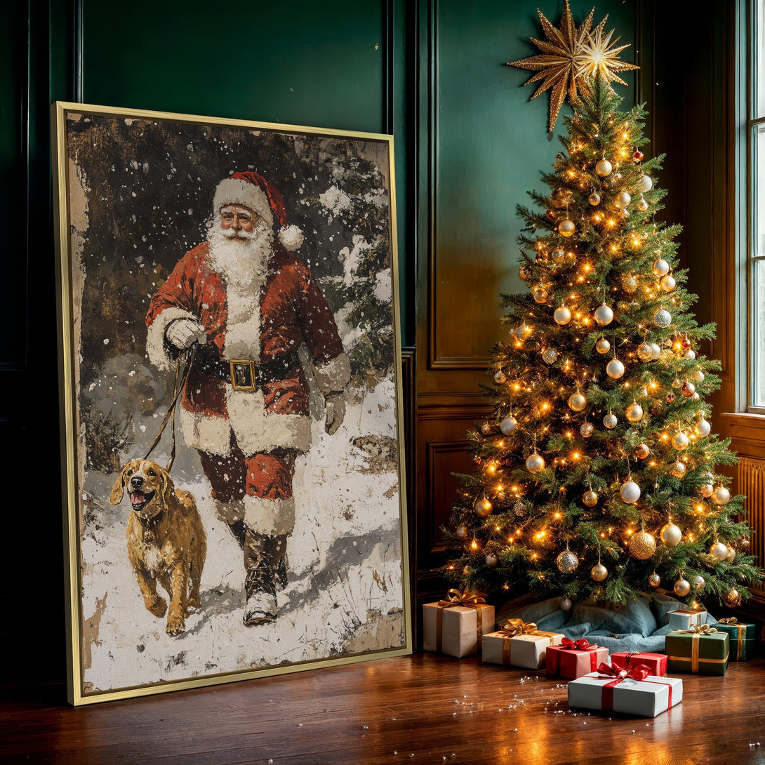 Canvas Print of Santa Claus walking a dog in a snowy scene. Vintage style art with red, white, and brown color palette. Perfect Christmas wall decor.