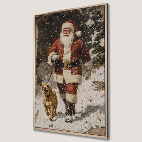 Framed Wall Art featuring Santa Claus walking a dog in a snowy scene. Rustic style with red, white, and brown tones. Perfect Christmas decor!
