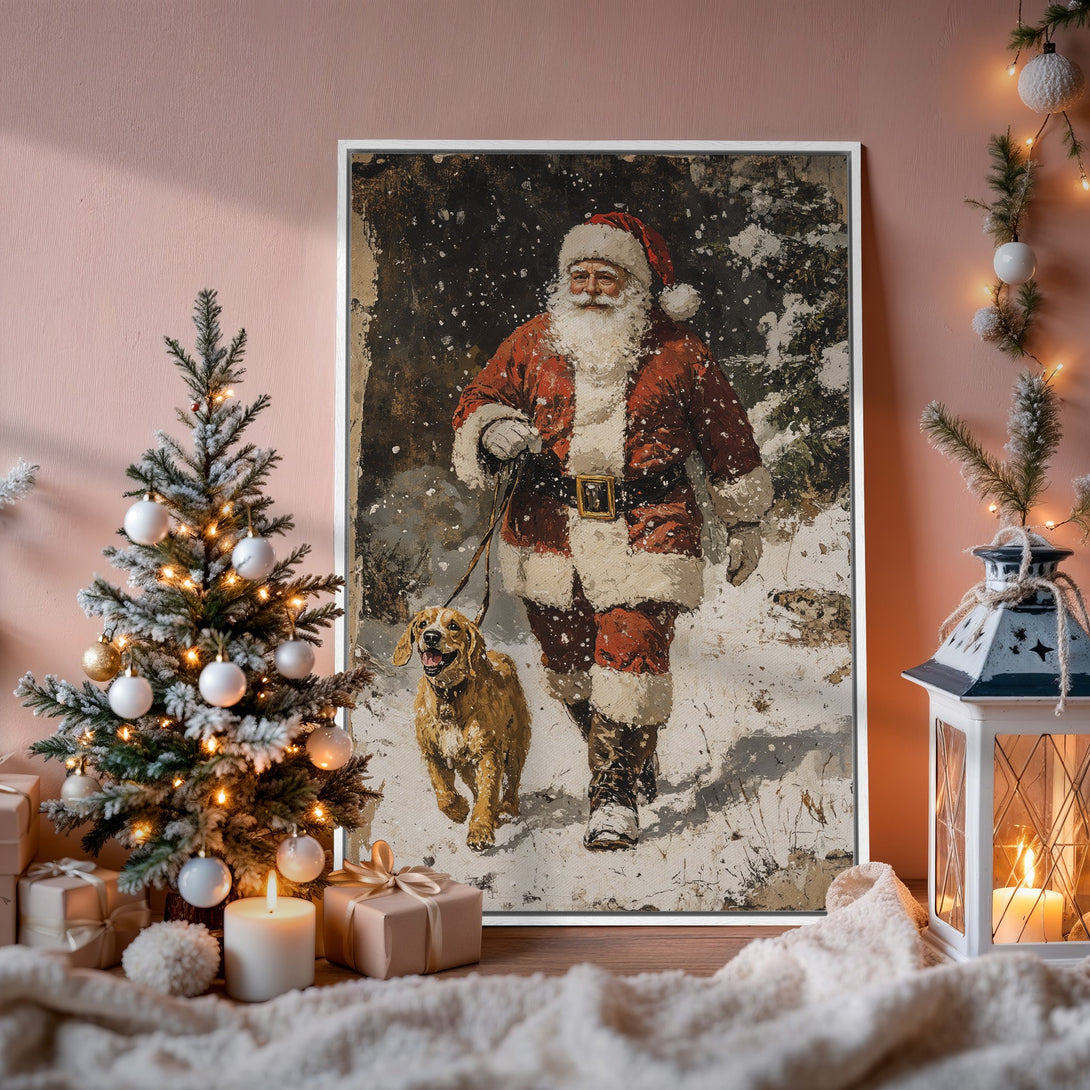 Framed Wall Art: Vintage painting of Santa Claus walking dog in snow. Rustic style with red, white, and brown color palette. Perfect Christmas decor.
