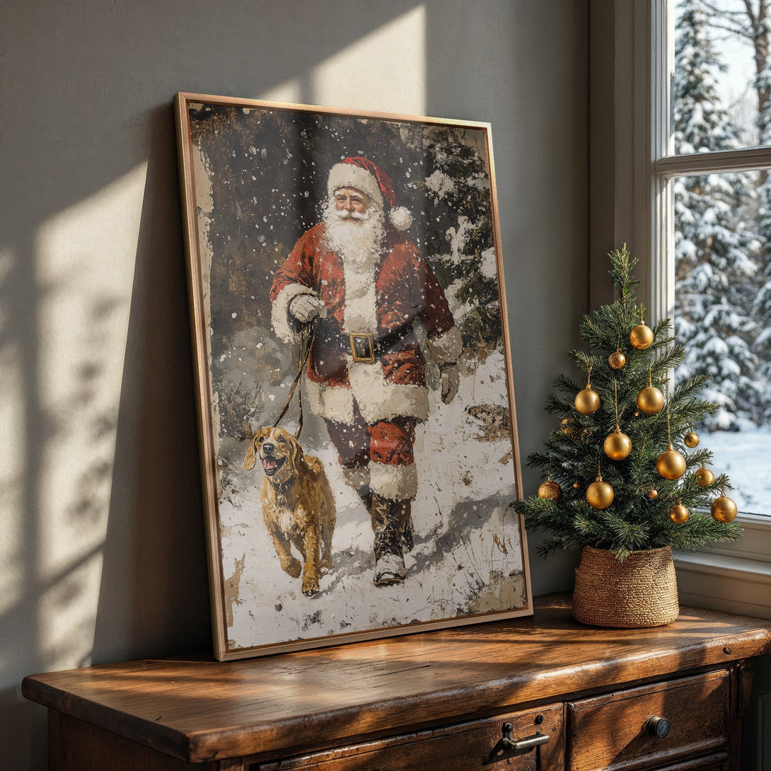 Framed Wall Art of Santa Claus & dog in a snowy scene. Vintage style, warm red & brown palette. Perfect Christmas decor for a cozy home.