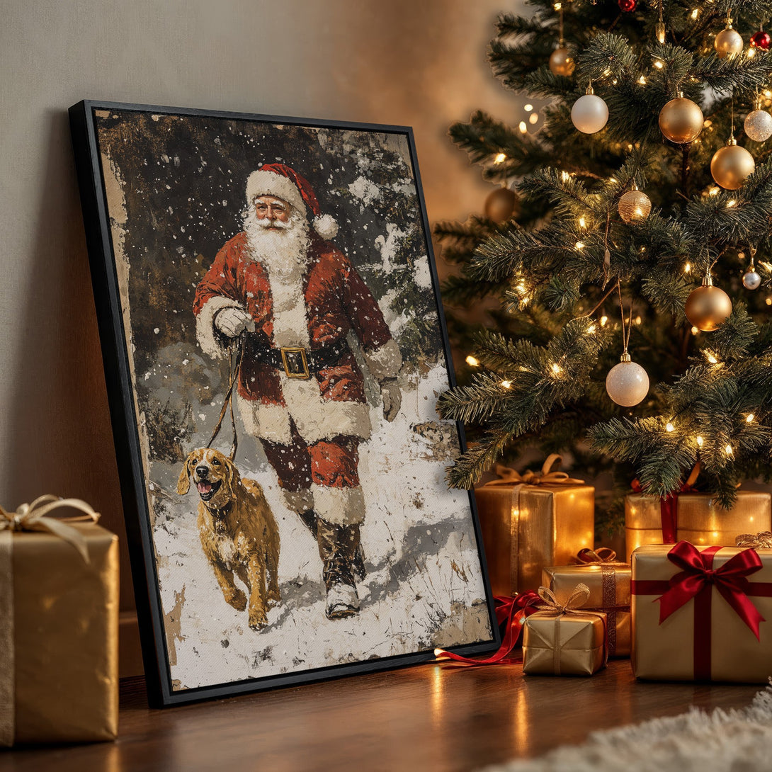 Framed Wall Art featuring Santa Claus and dog in a snowy scene. Rustic style with red, gold, and white color palette, perfect Christmas decor.