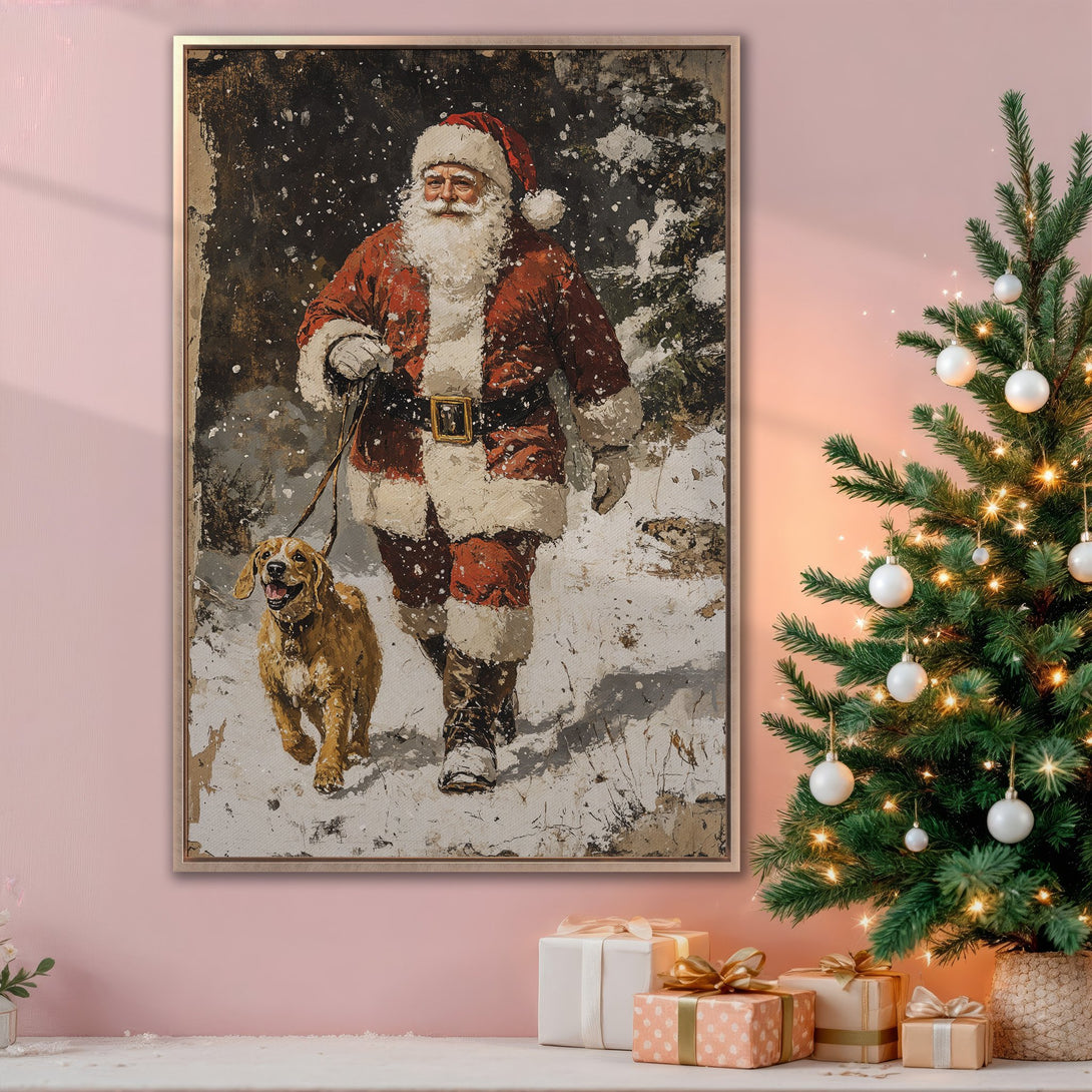 Framed Wall Art: Vintage Santa Claus painting with dog. Rustic style, warm red & brown tones. Perfect Christmas decor for a cozy, festive home.